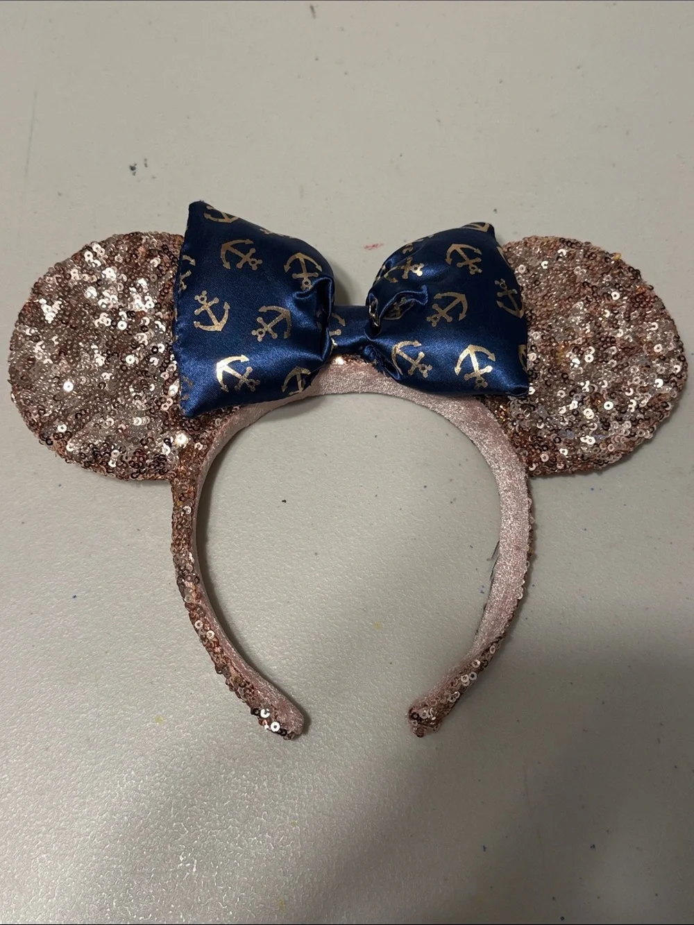 Disney Rose Gold Sequin Minnie Ears Headband with Navy Anchor Bow